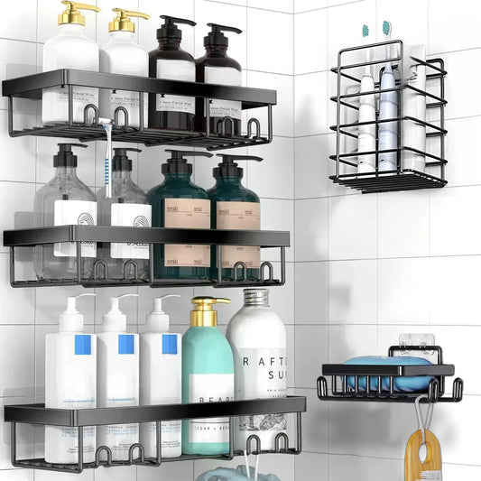 Jabukosu Matte Gold Stainless Steel Bathroom Accessory Sets - 5 & 1 Wall-Mounted Shelf Holders, No-Drill Waterproof Adhesive Organizer Storage for Shampoo, Soap