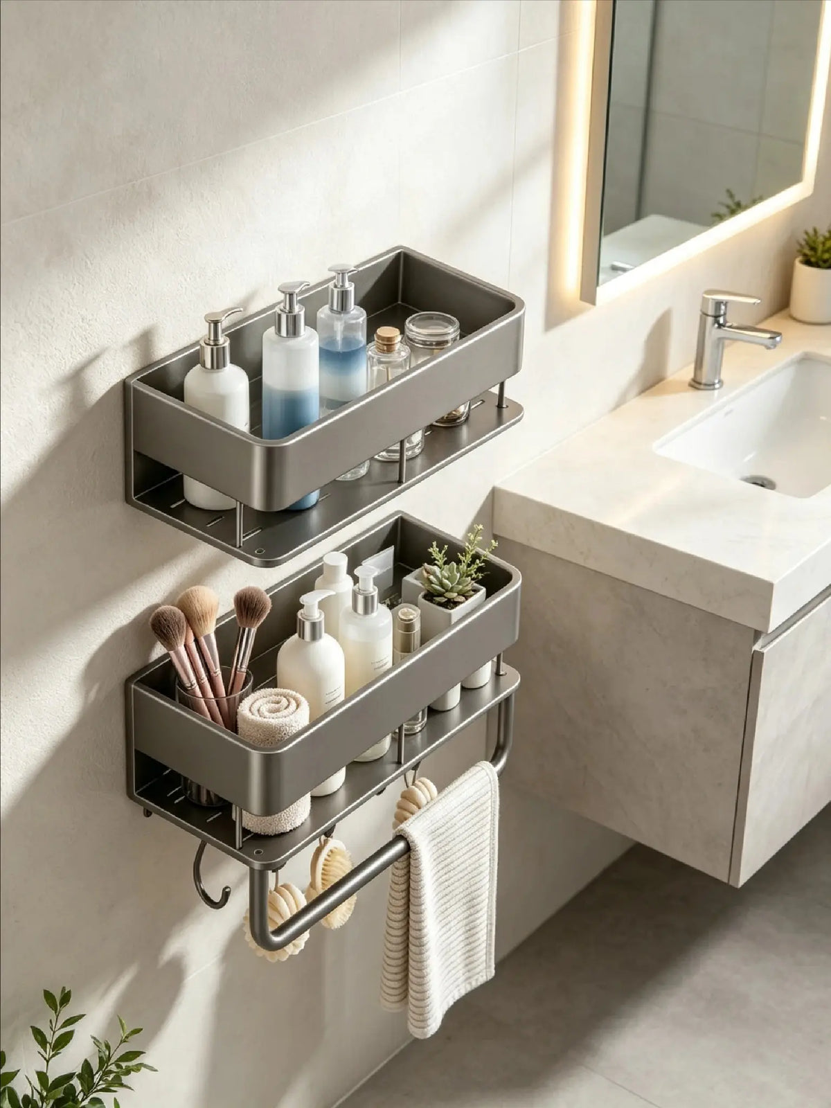 No-Drill Wall Mounted Bathroom Shelf Organizer with Towel Rod, Hooks for Shower, Toiletries Storage