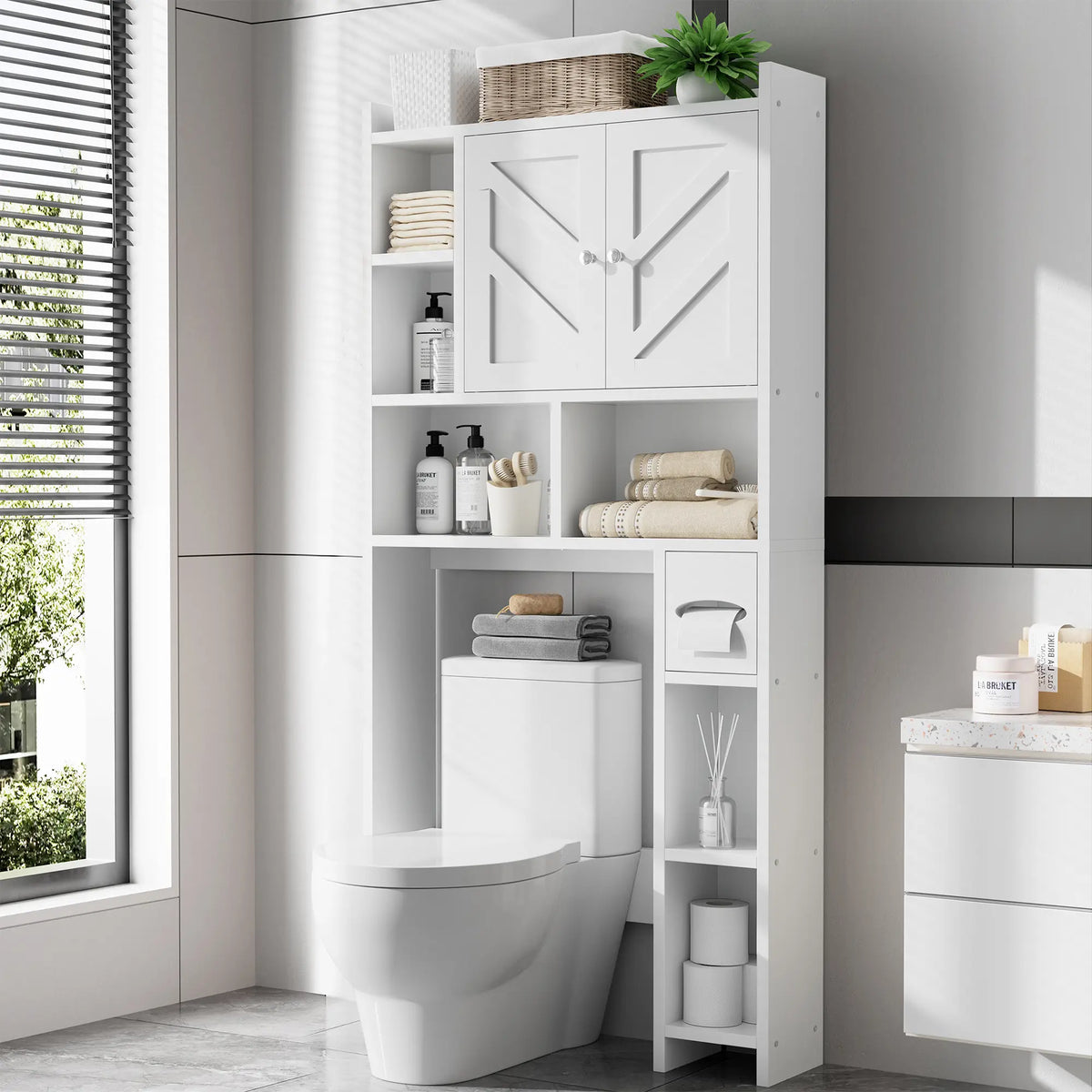 Walsunny Over The Toilet Storage Cabinet, Farmhouse Storage Cabinet with 2 Barn Door & Toilet Paper Holder Stand, Toilet Rack for Bathroom, Laundry Furniture Organizer