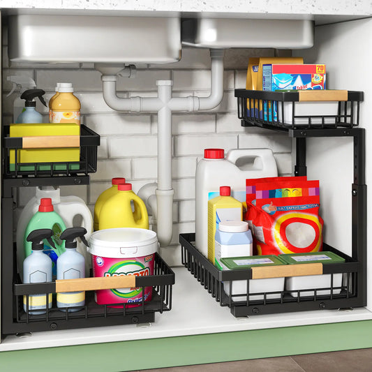 Kitstorack Adjustable 2-Tier Steel Under Sink Organizer, Slide-Out Pull-Out Cabinet Shelf Drawer, Kitchen Accessories for Bathroom Pantry Closet Organization
