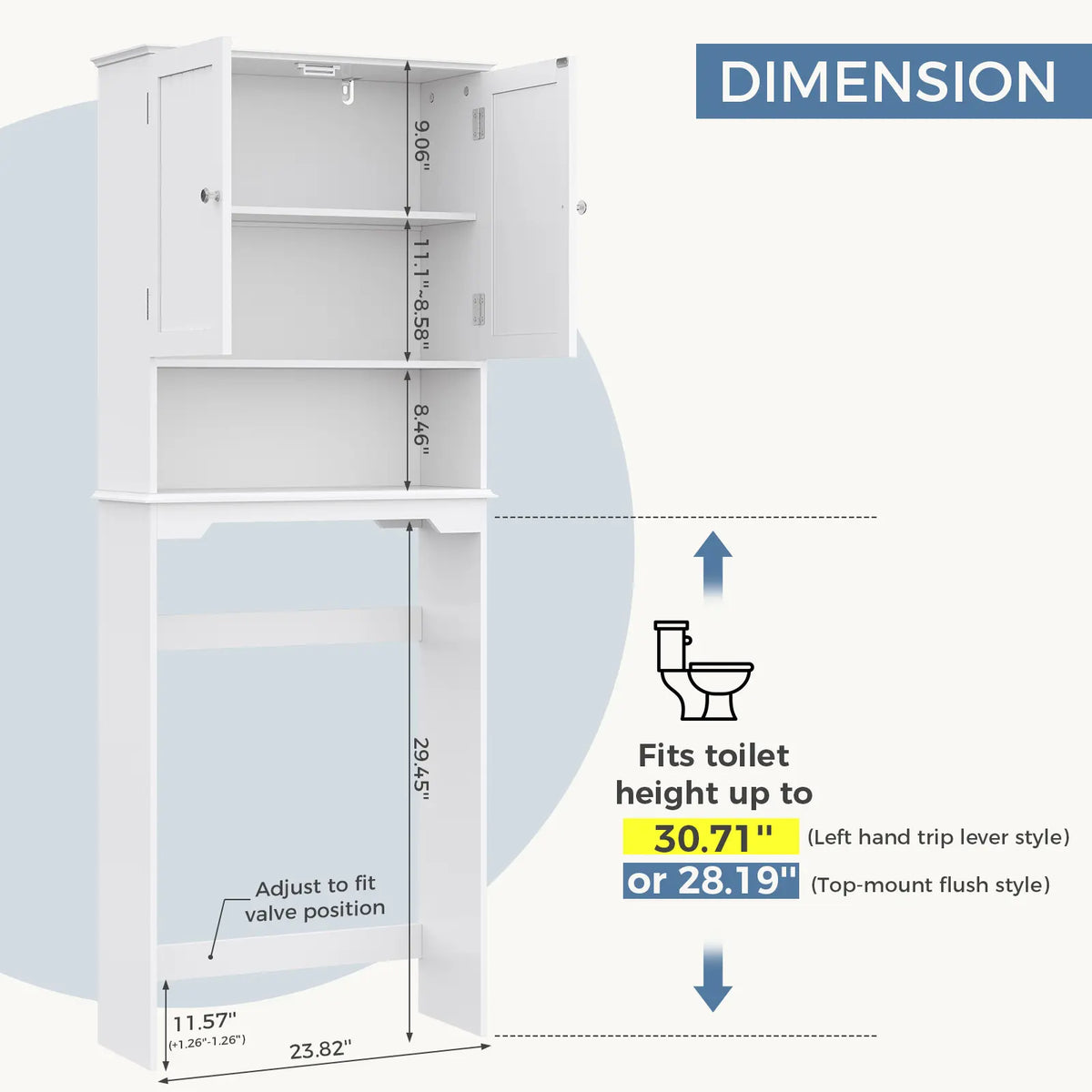 Over The Toilet Storage Cabinet - Freestanding Easy Install Bathroom Furniture with Double Doors, Adjustable Shelf