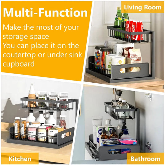 L-Shaped Pull Out Under Sink Organizer,2 Tier Under Sink Organizers Storage Sturdy Metal Slide Out Kitchen Cabinet Spice Rack Bathroom Organizer Snack Drawer Rack Rustproof Board Durable Easy to Install ,Valentine's Day Gift,Black