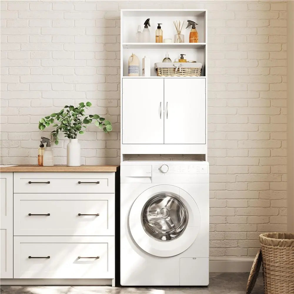 Costoffs 77" Tall Freestanding Over-the-Toilet Apartment Storage Cabinet, Efficient Bath Organizer with Adjustable Shelf, Double Doors to Hide Clutter from View, 2 Open Shelves - White, Easy Setup