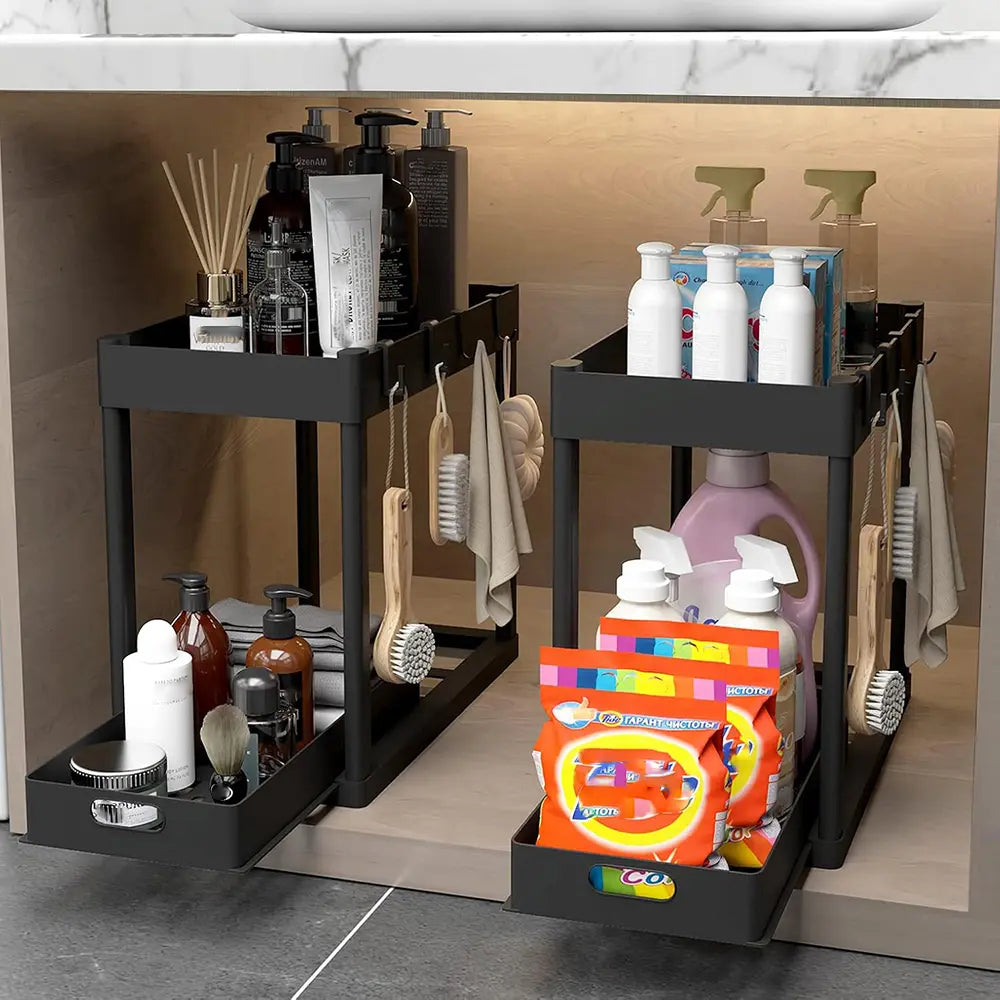 2Pack 2-Tier Under Sink Organizers with Sliding Drawers ,Multi-use Kitchen & Bathroom Storage, Black Cabinet Organizer, Space-saving Sliding Drawer Design