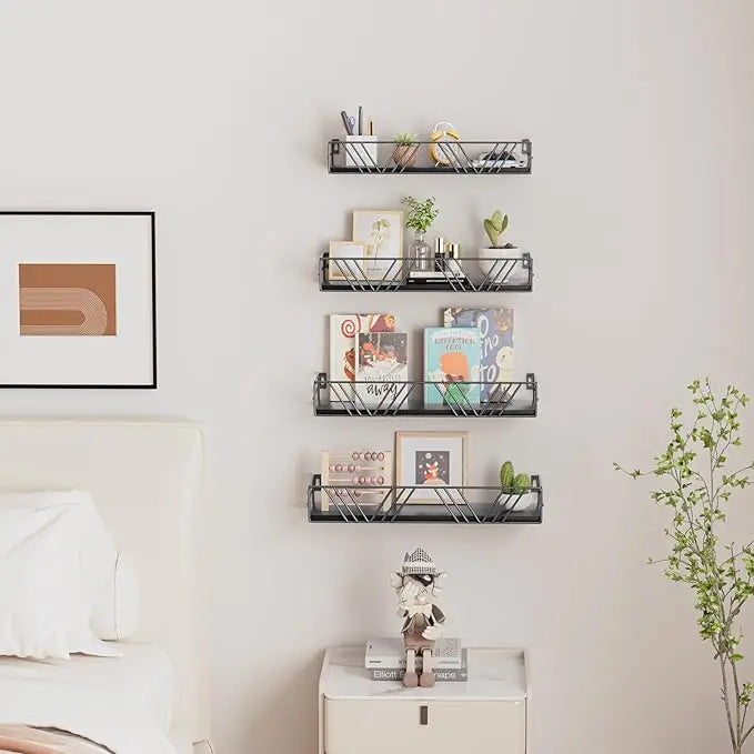 Multi-Size Wooden Floating Wall Shelves Set of 4 - Metal Heavy Duty Mounted Shelves with Natural Grain, Ideal for Living Room, Bathroom, Farmhouse Decor & Mother's Day Gift