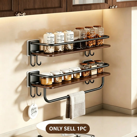 Wall-Mounted Bathroom Shelf, No-Drill Wood Grain Storage Rack, with Hooks for Towels and Toiletries, Space-Saving Organizer
