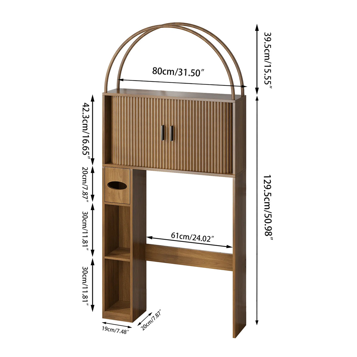 LUVIOHOME 4-Tier Mid-Century Modern Slim Narrow Elegant Arch Over-The-Toilet Cabinet - Fluted Regular Doors, Adjustable Shelf, Wood-Paneled Multi-Compartment Unit, Sturdy Space-Saving Small Space Bathroom Furniture, Home Decor, Bathroom Decor Ideas