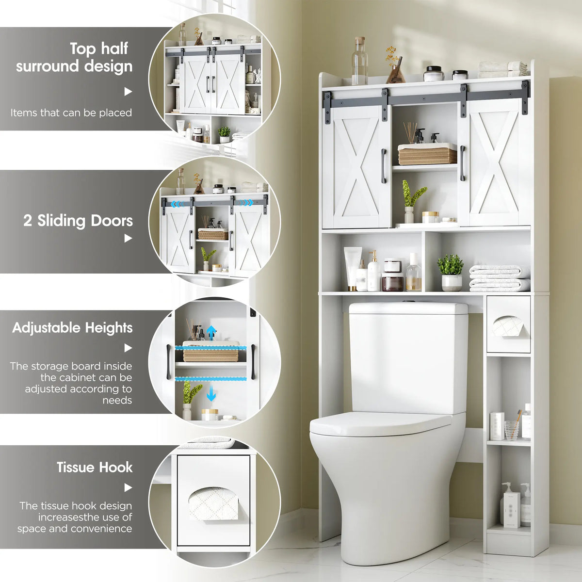 [SohoChic] Vabches Farmhouse Over-The-Toilet Wood Storage Cabinet with Sliding Doors, Adjustable Shelves, Space-Saving Rack for Bathroom Toiletries & Decor
