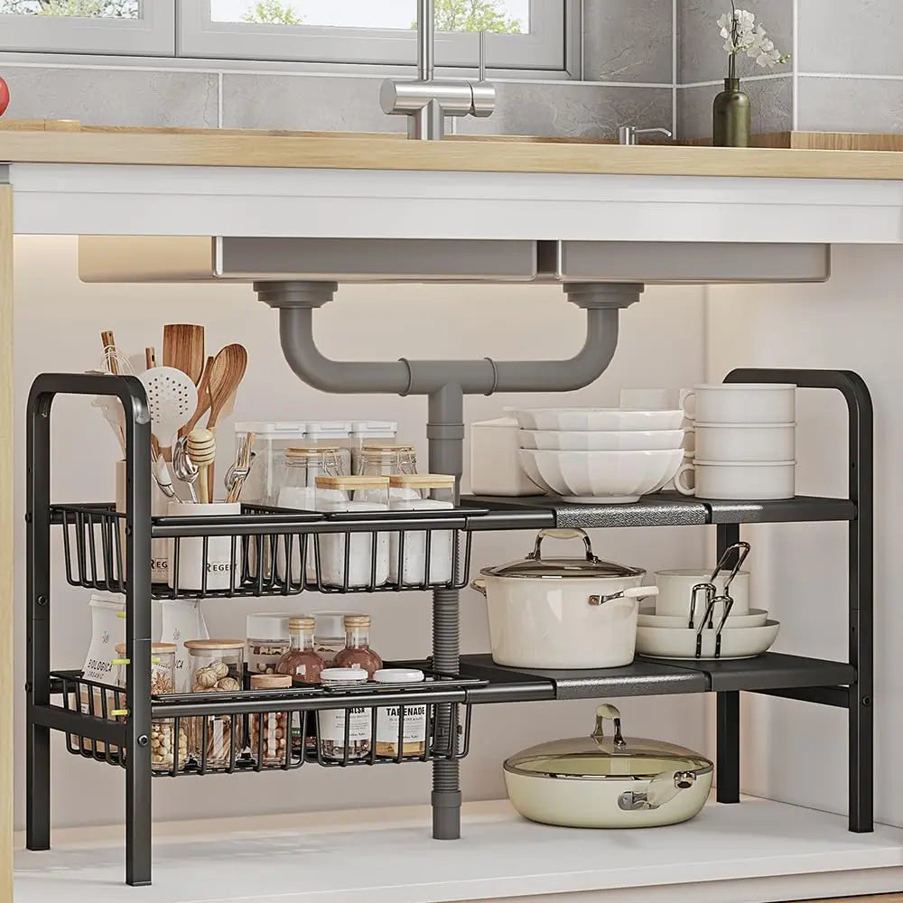 2-Tier Expandable Rectangle Under Sink Organizer Rack - Home Supplies with 4 Removable Baskets, 4 Removable Panels for Cabinet, Cloakroom Storage Organization