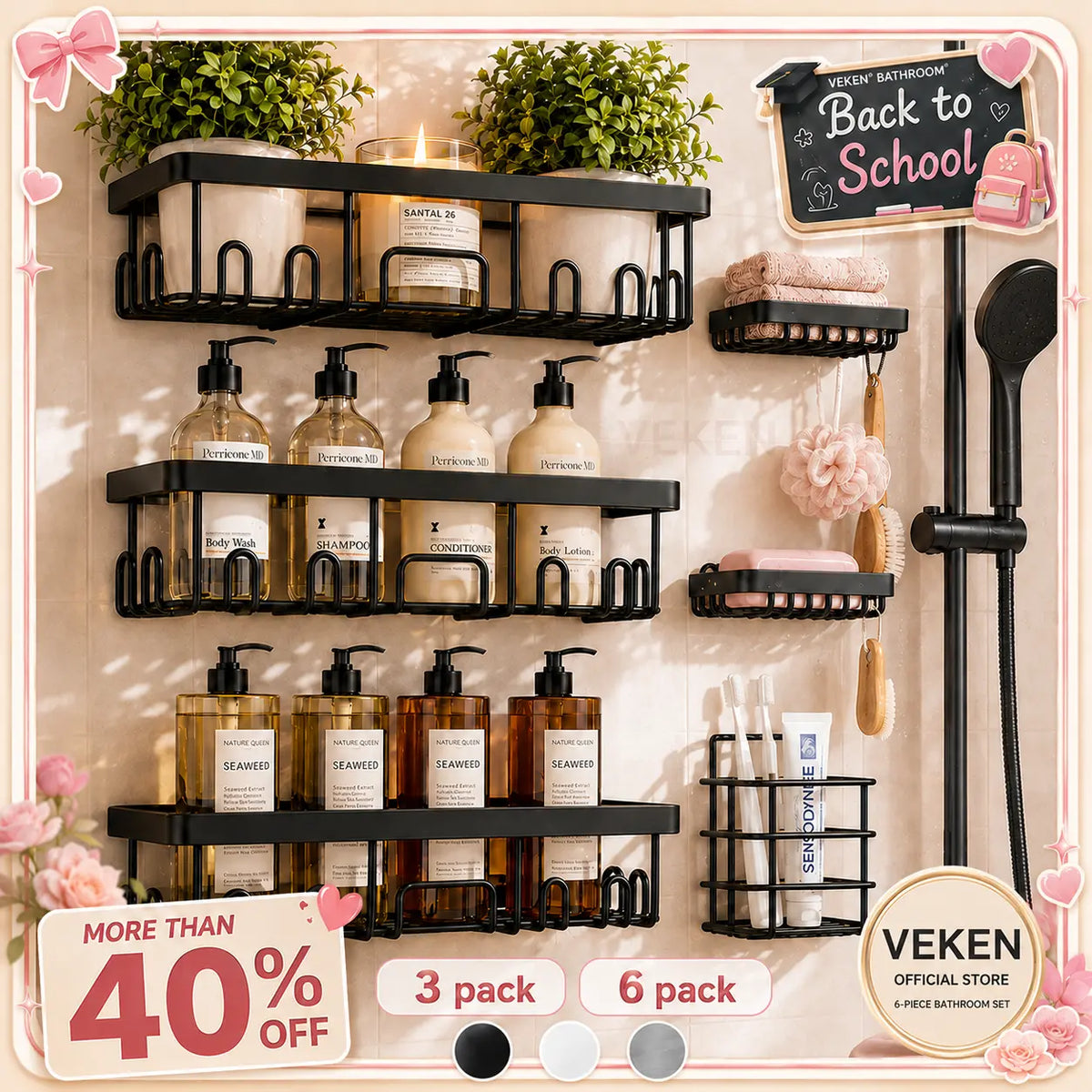 【Veken】 3/6-Pack Life-Changing Rustproof Shower Caddy, Effortless No-Drill Wall Shelves with Soap Holder, End Bathroom Clutter for Good, Multi-use Kitchen & Home Storage