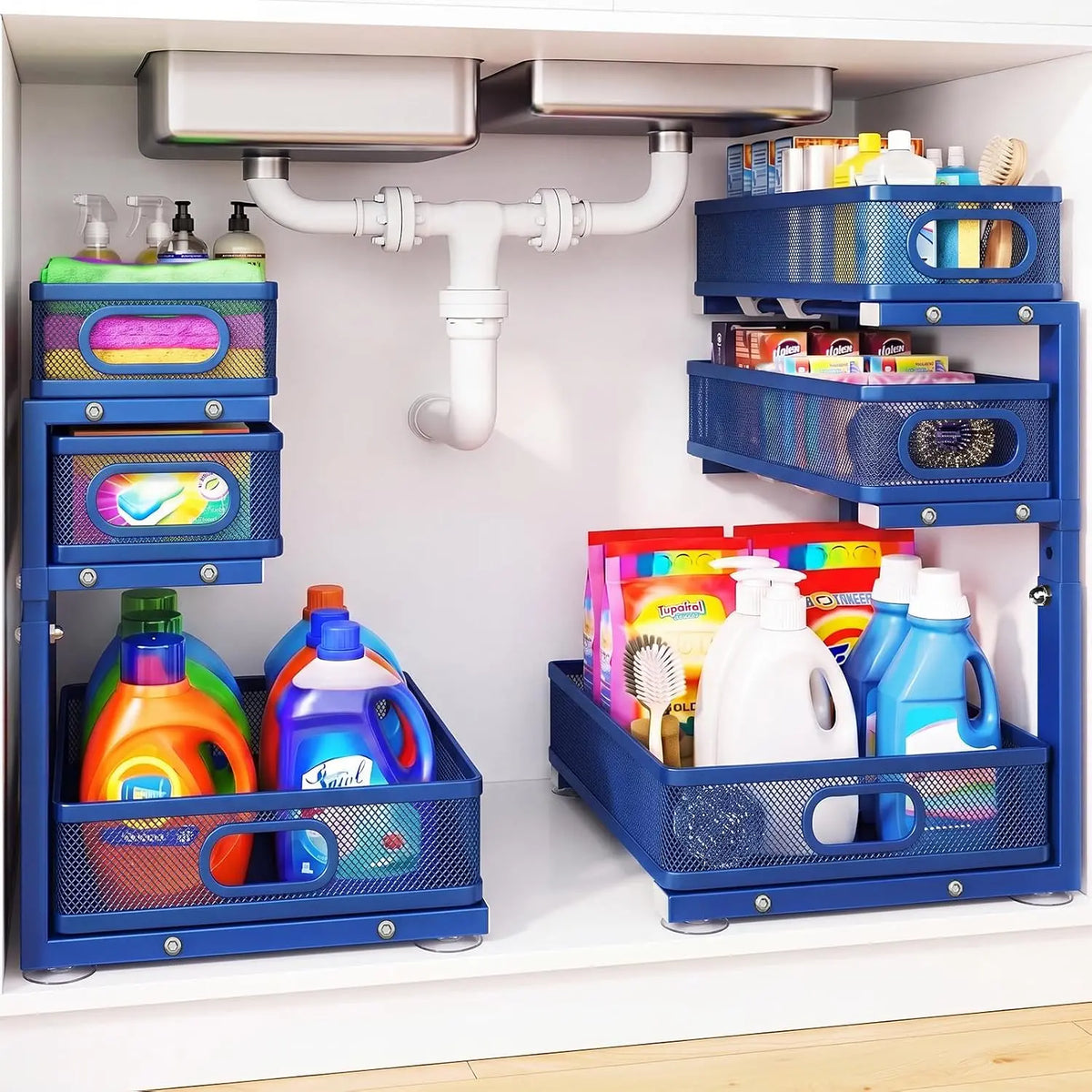 Under Sink Organizer, 3 Tier Pull Out Cabinet Organizer with 5 Adjustable Heights, Metal Under Sink Storage with Sliding Drawers for Kitchen, Bathroom, Pantry and Laundry Room, 2-Pack White