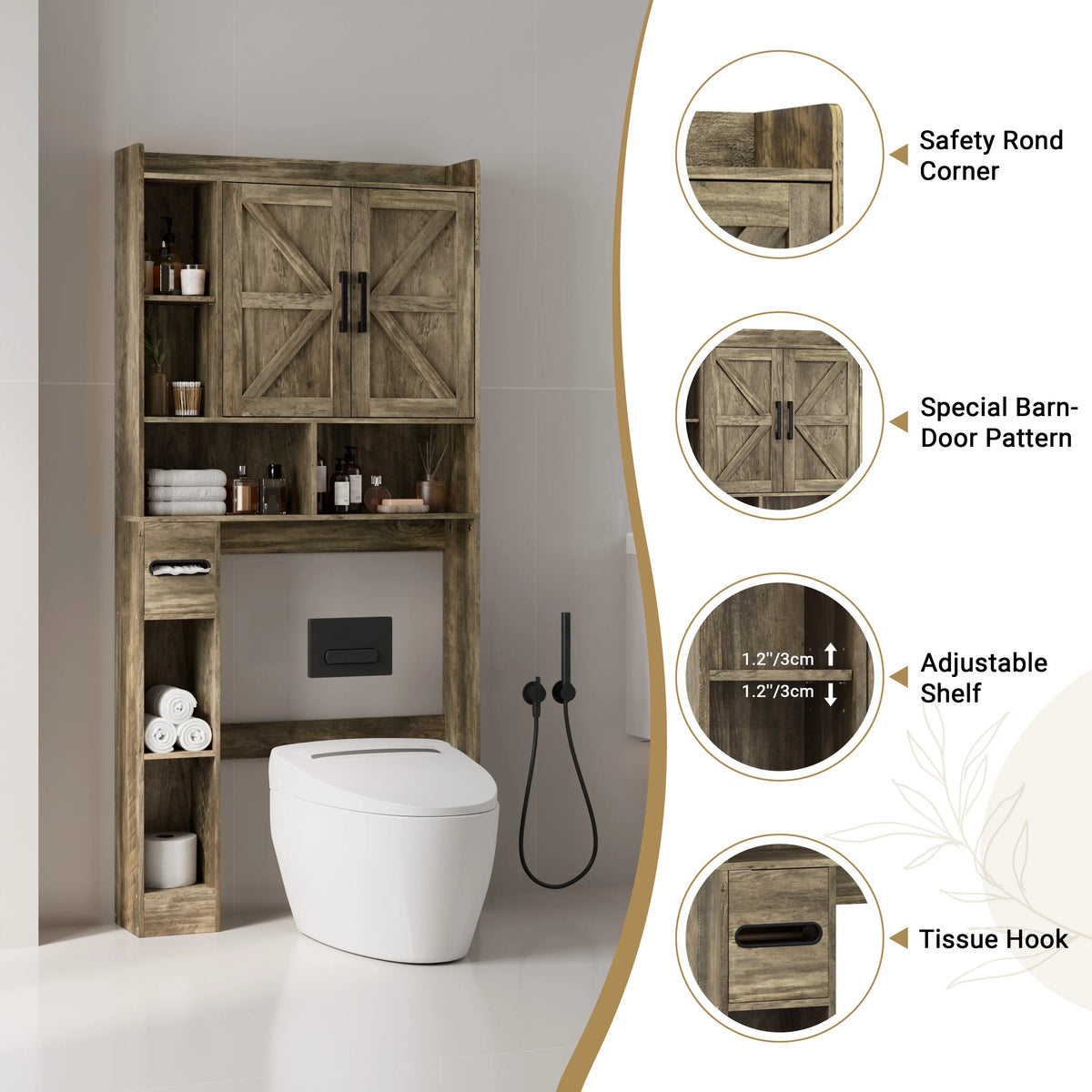 Rustic Wooden Over-the-Toilet Cabinet, Farmhouse Storage Solution with Double Barn Doors, Adjustable Shelves, Side Toilet Paper Storage & Open Shelving, Great for Small Bathrooms