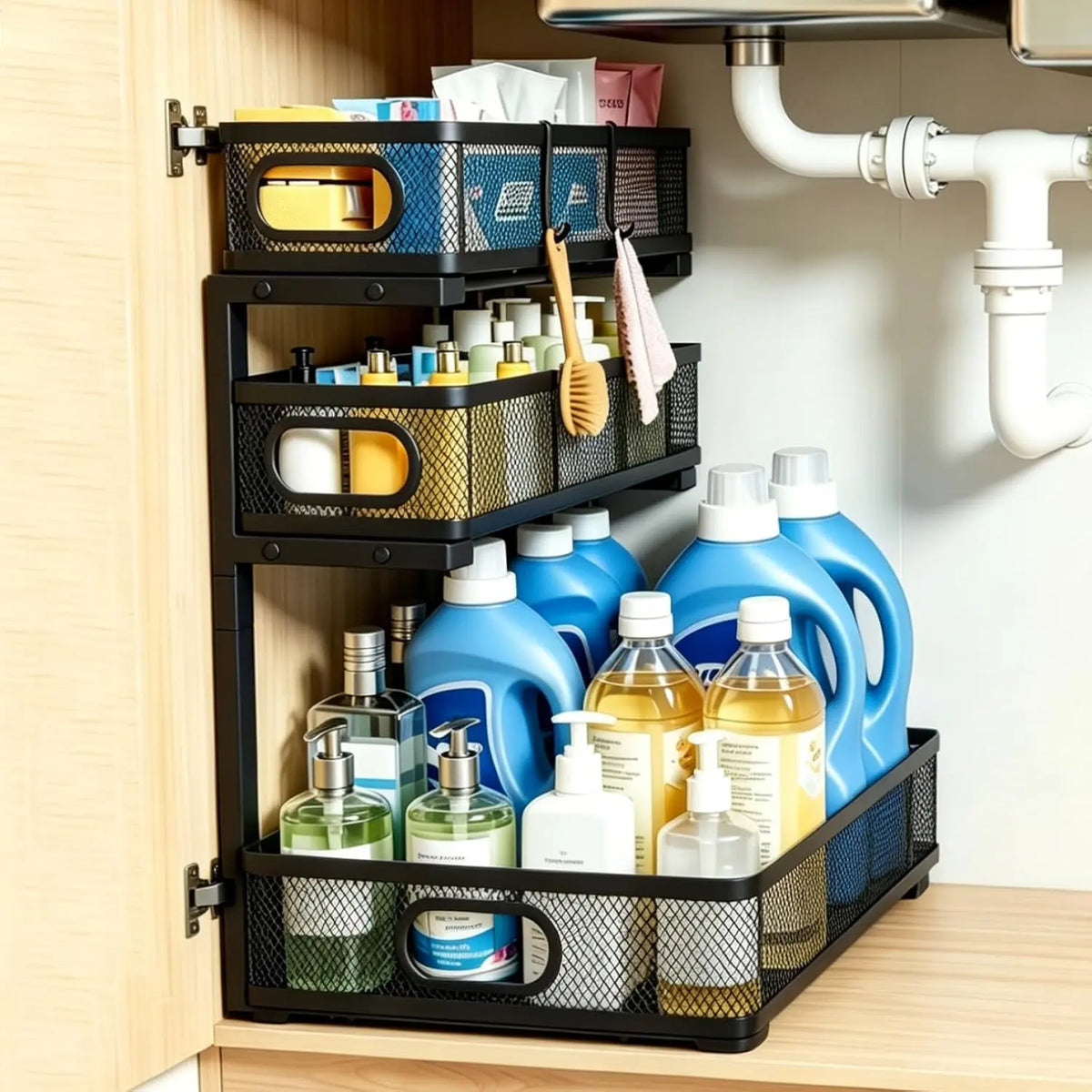3 Tier Grid Pull Out Under Sink Organizer Black 1 Pack | Heavy duty grid pull out organizer with reinforced structure for storing cleaning supplies under sink and cabinet spaces
