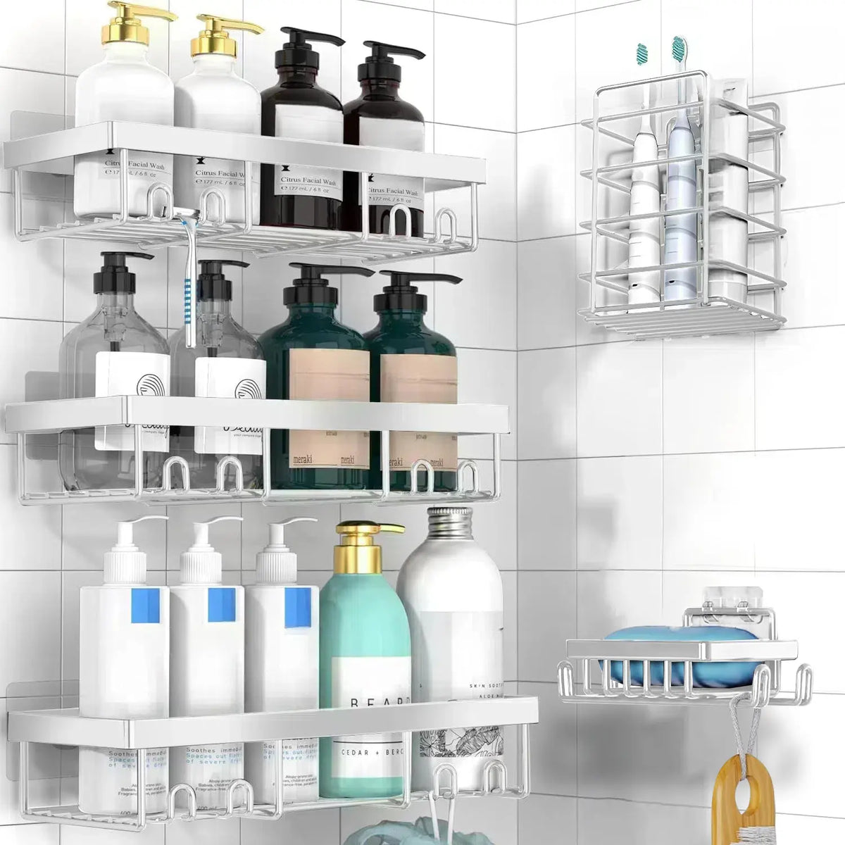 Jabukosu Matte Gold Stainless Steel Bathroom Accessory Sets - 5 & 1 Wall-Mounted Shelf Holders, No-Drill Waterproof Adhesive Organizer Storage for Shampoo, Soap
