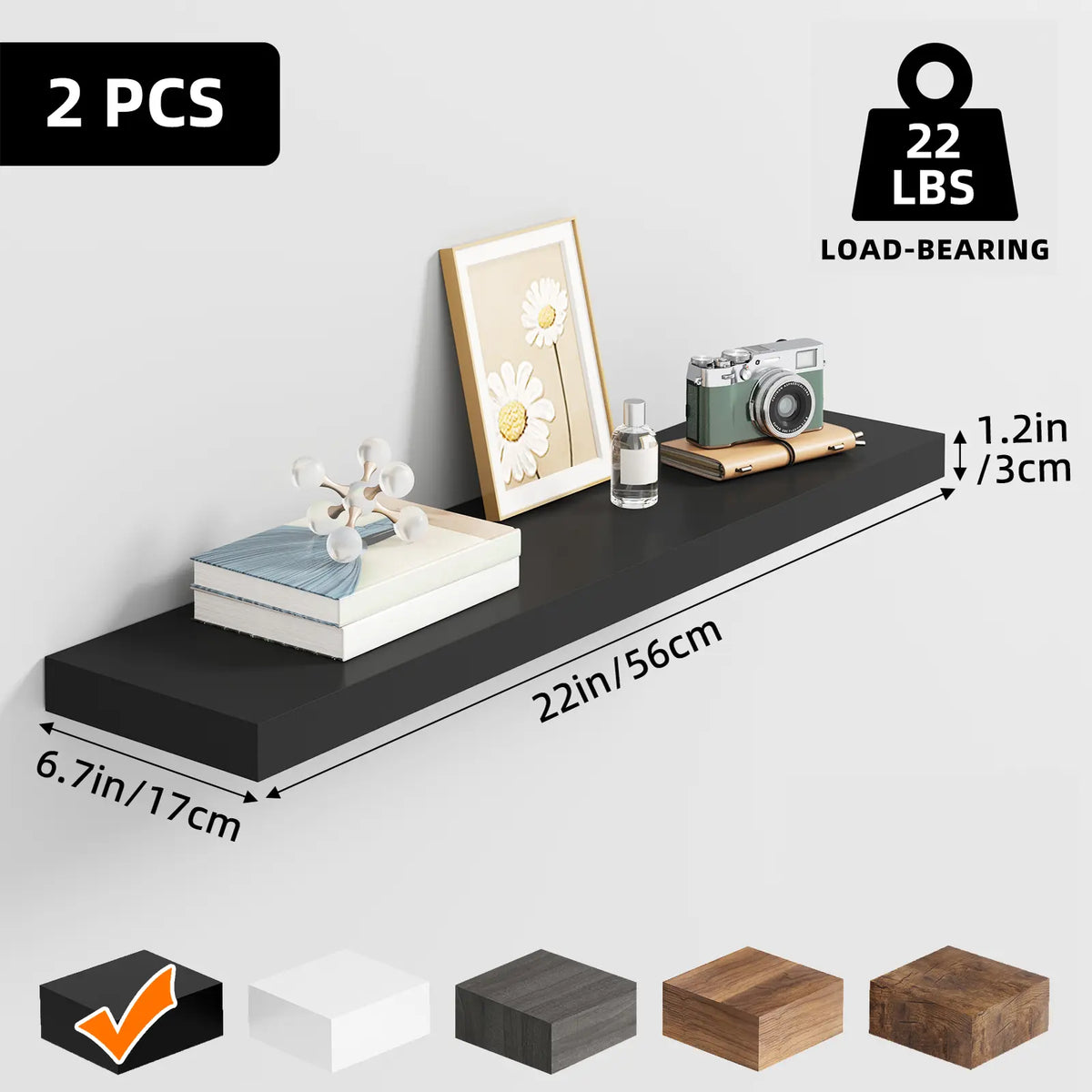 Fixwal Set of 2 Floating Wall Shelves, 22"/ 56cm MDF Wall‑Mounted Shelf for Bedroom Bathroom Living Room Home Storage Decor, Sohochic Style