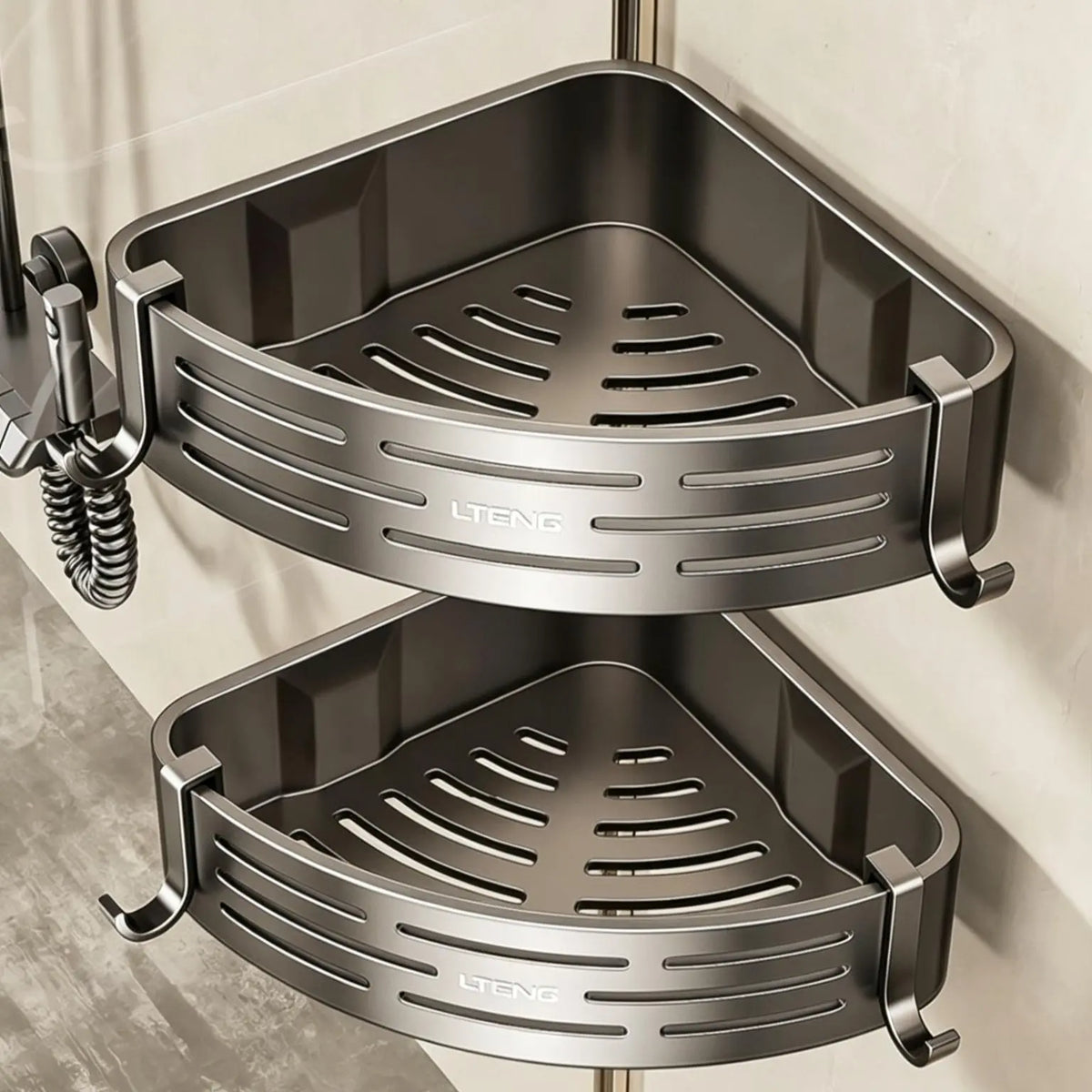 2-Pack No-Drill Bathroom Corner Caddy Shelf, Wall-Mounted Triangle Shower Organizer with Movable Hooks, Rust-Resistant Gunmetal Gray Aluminum Storage Rack for Shower & Bathroom