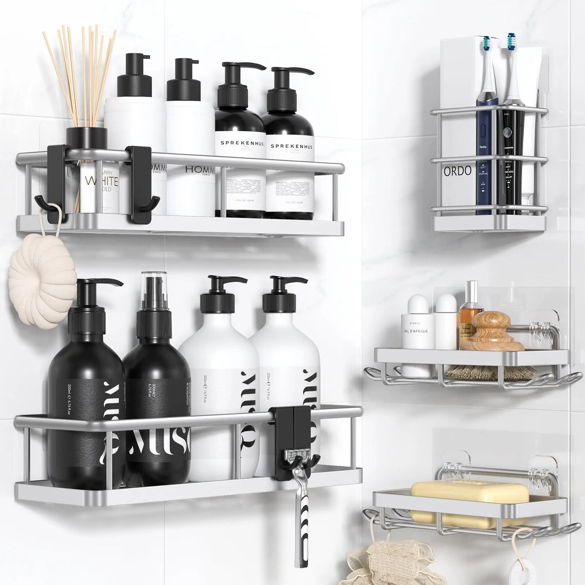 Jabukosu Matte Gold Rust-Proof Stainless Steel Bathroom Organizer Rack Set - 5-Pack & 1-Pack Wall-Mounted Shower Caddies, Waterproof Adhesive No-Drilling Holders for Shampoo, Soap, Shower Storage, Bathroom Shelf