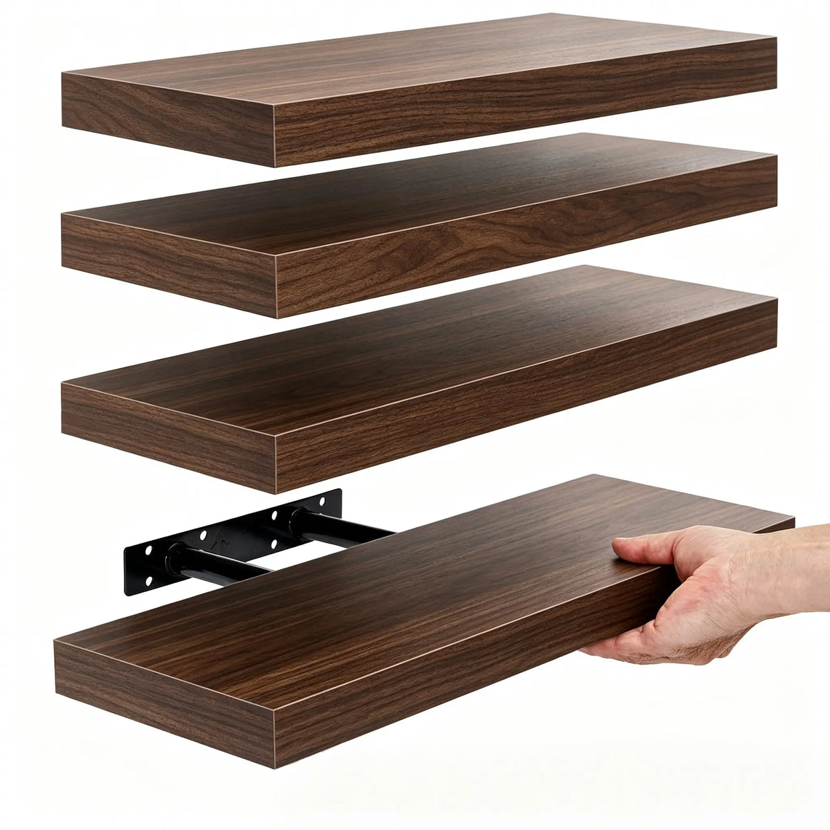 Walnut Rectangular Floating Shelves, 4-Piece Rustic Wood Wall Shelves (15.75"L×5.7"W×1.2"H) with Simple Install, 20lbs Capacity for Plant, Aesthetic Home Decor, Bathroom, Bedroom Storage/Books, Shelf