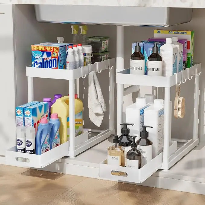 2 Pack Under Sink Organizer with Pull-Out Drawer,2-Tier Cabinet Storage, Kitchen & Bathroom, Tool-Free Assembly, Fits Cleaning Supplies & Toiletries, Space Saving