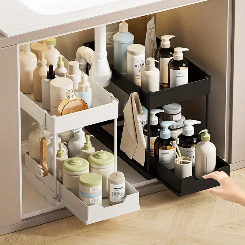 Waterproof Metal Under Sink Organizer, 12.8 in Pull-Out Slide-Out Drawer Shelf, Space-Saving Storage for Kitchen, Bathroom
