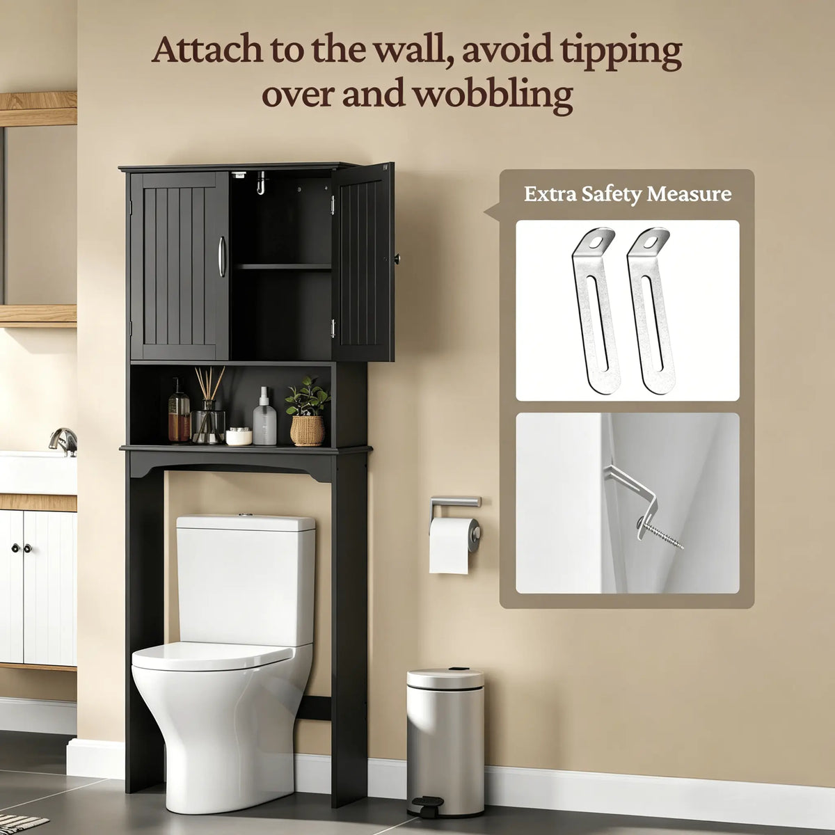 Over-the-Toilet Bathroom Storage Cabinet, Freestanding Space Saver with Double Door Cabinet & Open Shelf, Anti-Tip Organizer Rack for Bathroom, Laundry Room & Washroom, Black/White