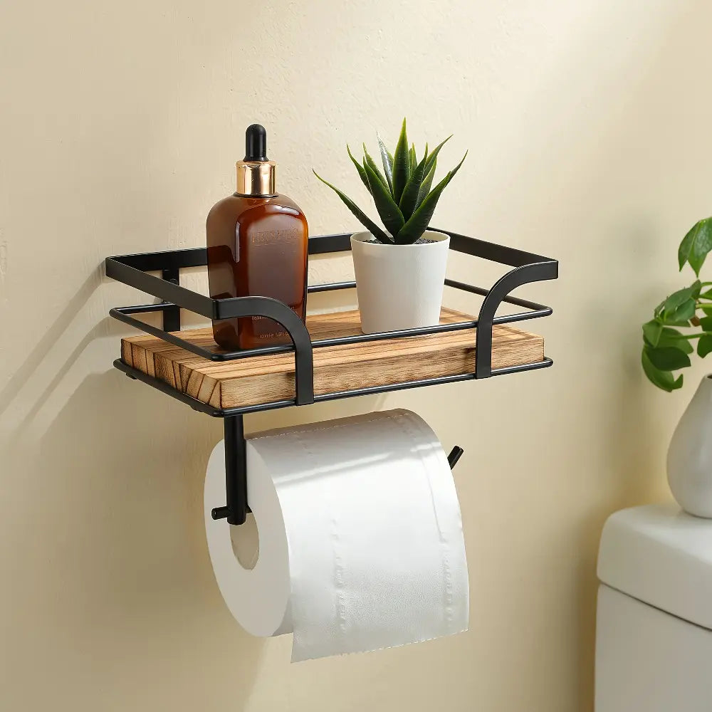 1 Pc Wooden & Black Metal Wall-Mounted Bathroom Shelf, Modern Bathroom Accessory, Bathroom Organizer with Toilet Paper Holder, Compact Storage for Towels, Toiletries and Decorations, Home Supplies