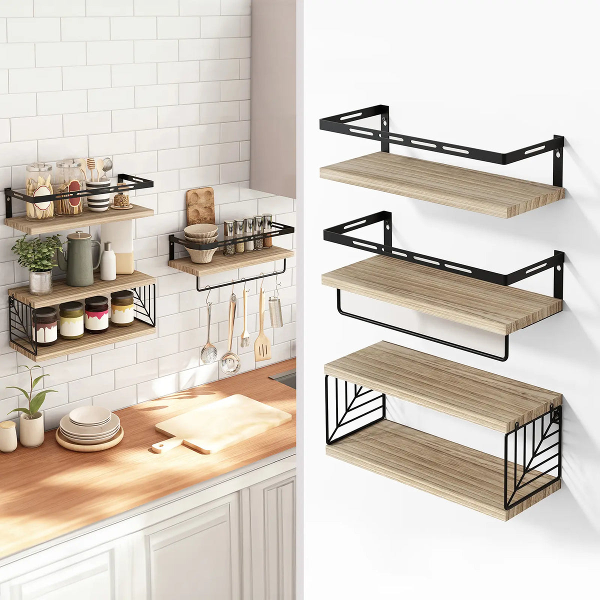 Fixwal Floating Shelves Wall Mounted Set - Bathroom & Bedroom Decor, with Black Metal Brackets, Toilet Paper Holder, Towel Bar & Hooks, sohochic style