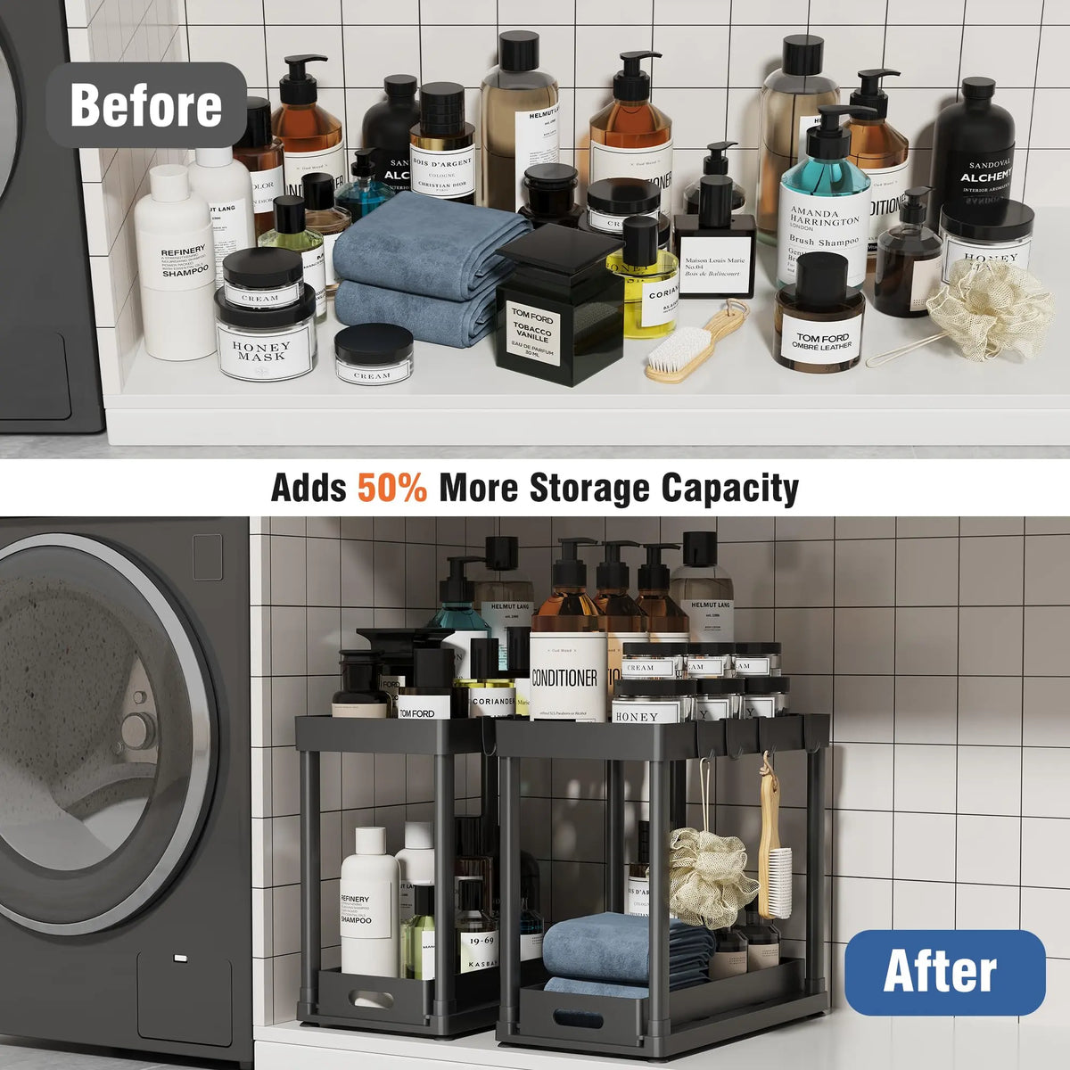 2pcs Black Plastic Rectangle Under Sink Organizer Storage - 2-Layer Sliding Shelves, 8 Hooks, Stable Durable Metal Construction, 15x8x12.8in Anti-Slip, Multi-Use Kitchen Cabinet Spice Rack Accessories
