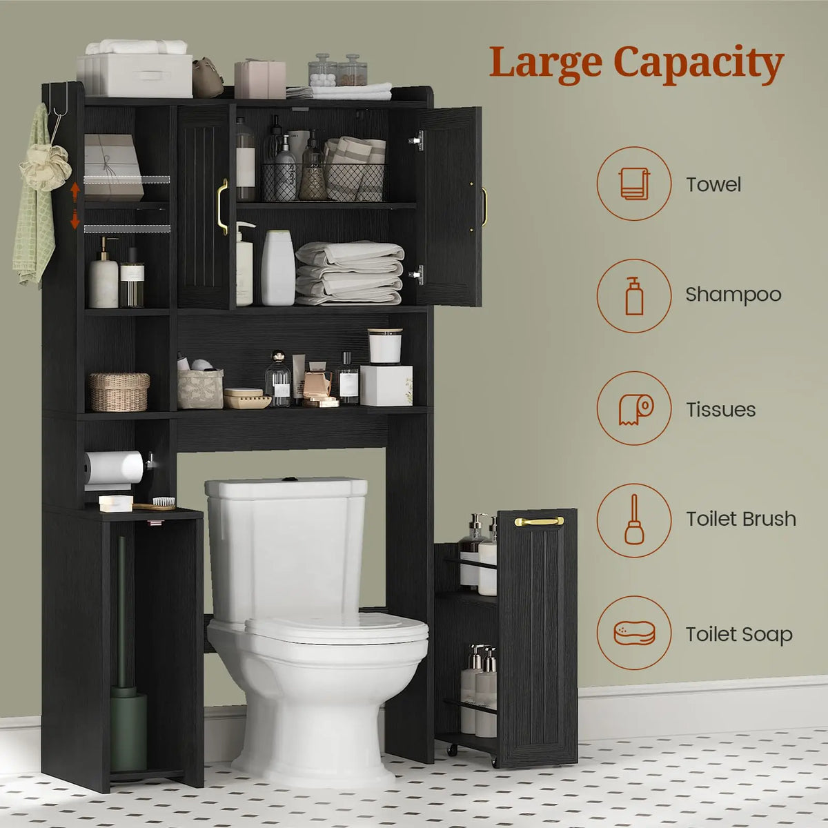 Over The Toilet Storage Cabinet with Pulley, Bathroom Storage Cabine with Adjustable Shelf and Open Shelf, Space-Saving Toilet Rack for Bathroom, Restroom, Laundry, Black