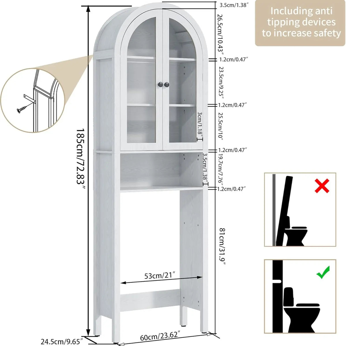 LUVIOHOME 4-Tier Mid-Century Modern Slim Narrow Elegant Arch Over-The-Toilet Cabinet - Fluted Regular Doors, Adjustable Shelf, Wood-Paneled Multi-Compartment Unit, Sturdy Space-Saving Small Space Bathroom Furniture, Home Decor, Bathroom Decor Ideas