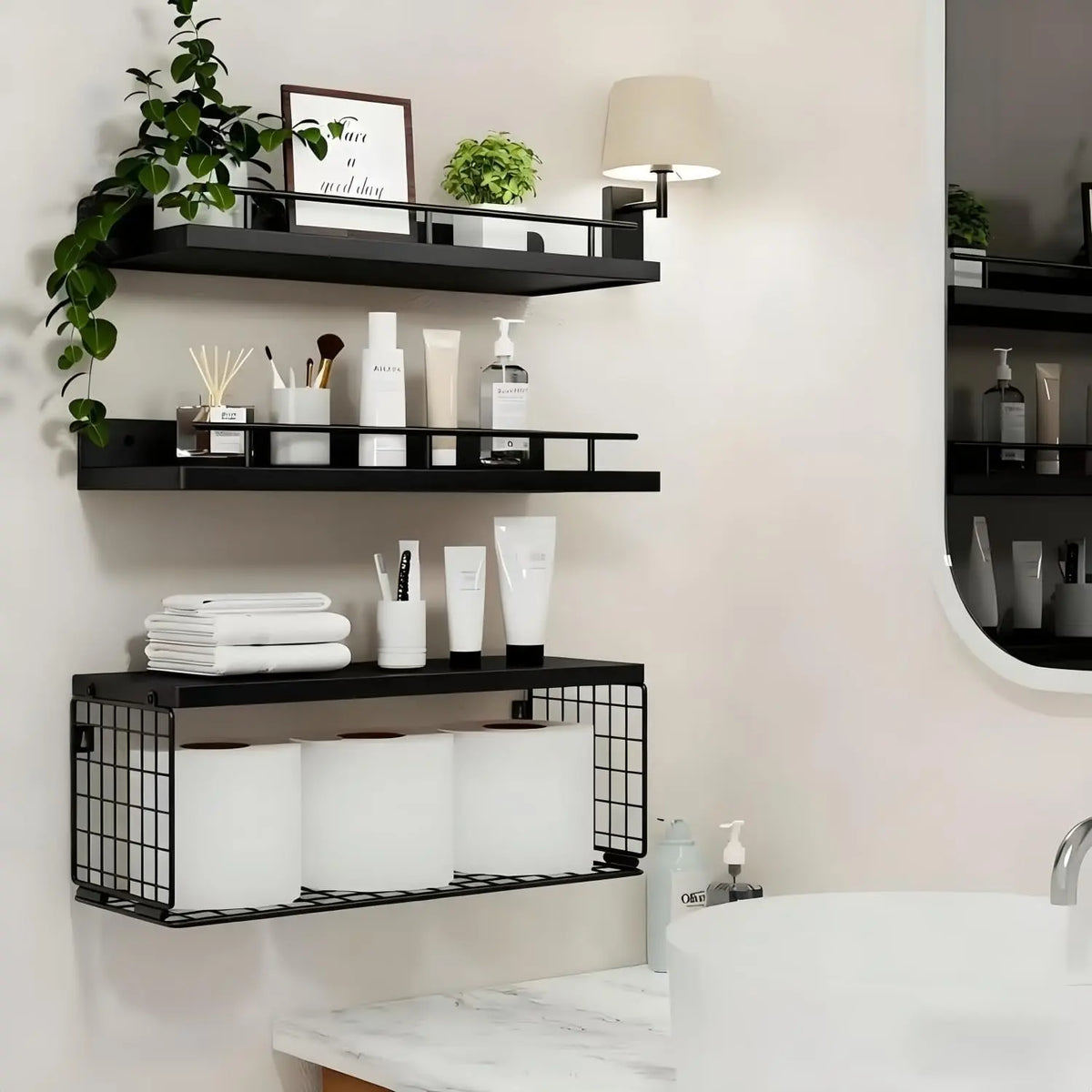 3 Tier Rustic Wood Wall-Mounted Floating Shelves with Metal Frame - Casual Home Decor Bathroom Organizer for Bathroom, Kitchen, Living Room