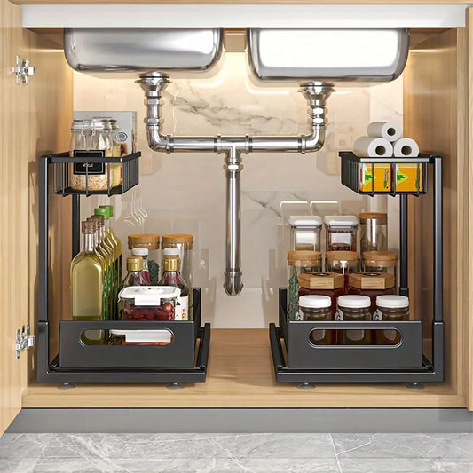2 Pack Under Sink Organizer, Metal Under Sink Storage Rack with Sliding Drawer, Multi-purpose Holder for Kitchen & Bathroom