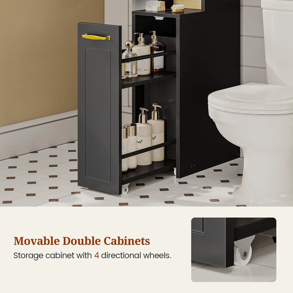 Over The Toilet Storage Cabinet with Pulley Bathroom Storage Cabinet, Space Saver W/Adjustable Shelf & Open Shelf for Bathroom, Restroom, Laundry (Black)