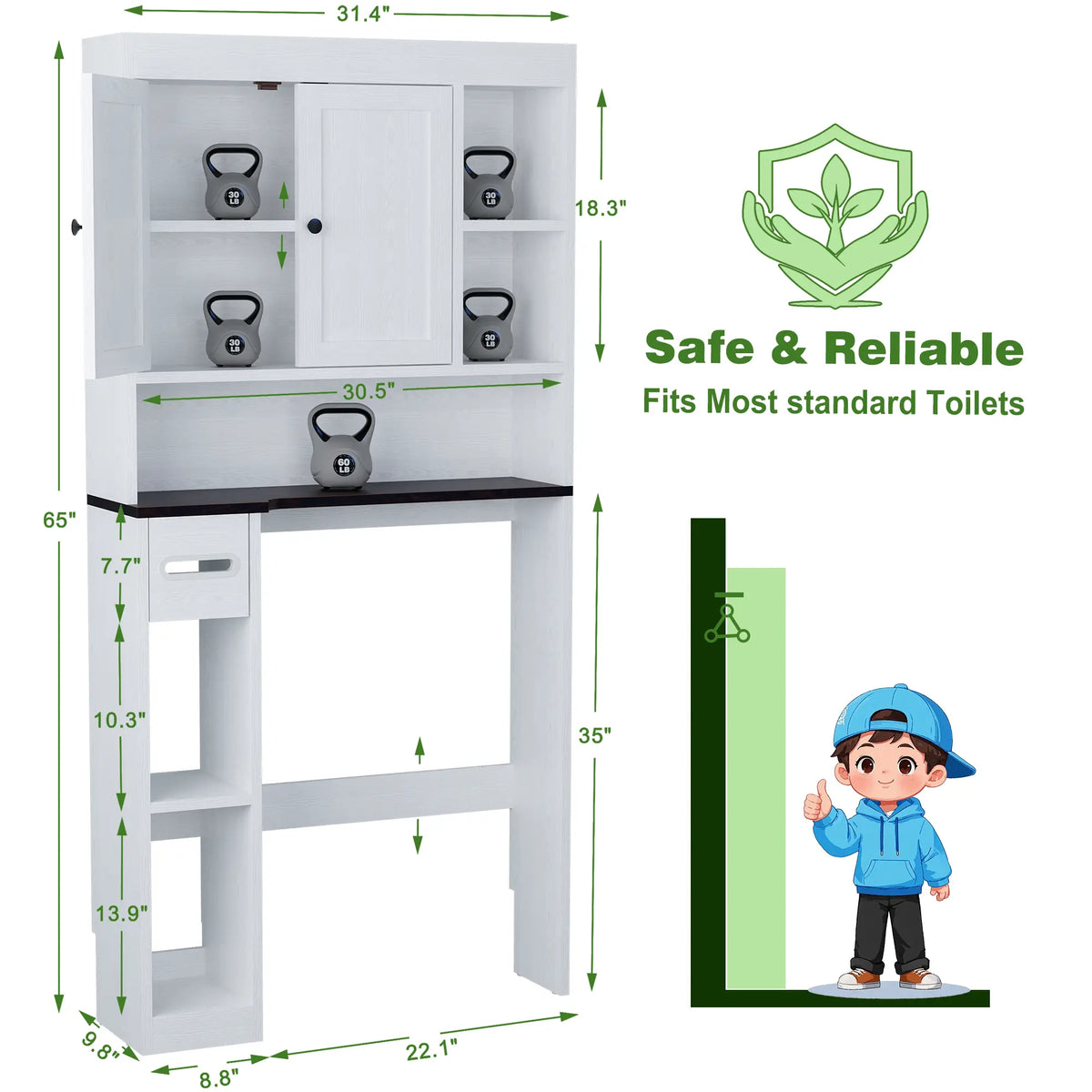 Over-the-Toilet Storage Cabinet, Freestanding Bathroom Organizer with Double Doors, Open Shelves, Adjustable Shelf & Toilet Paper Holder, White