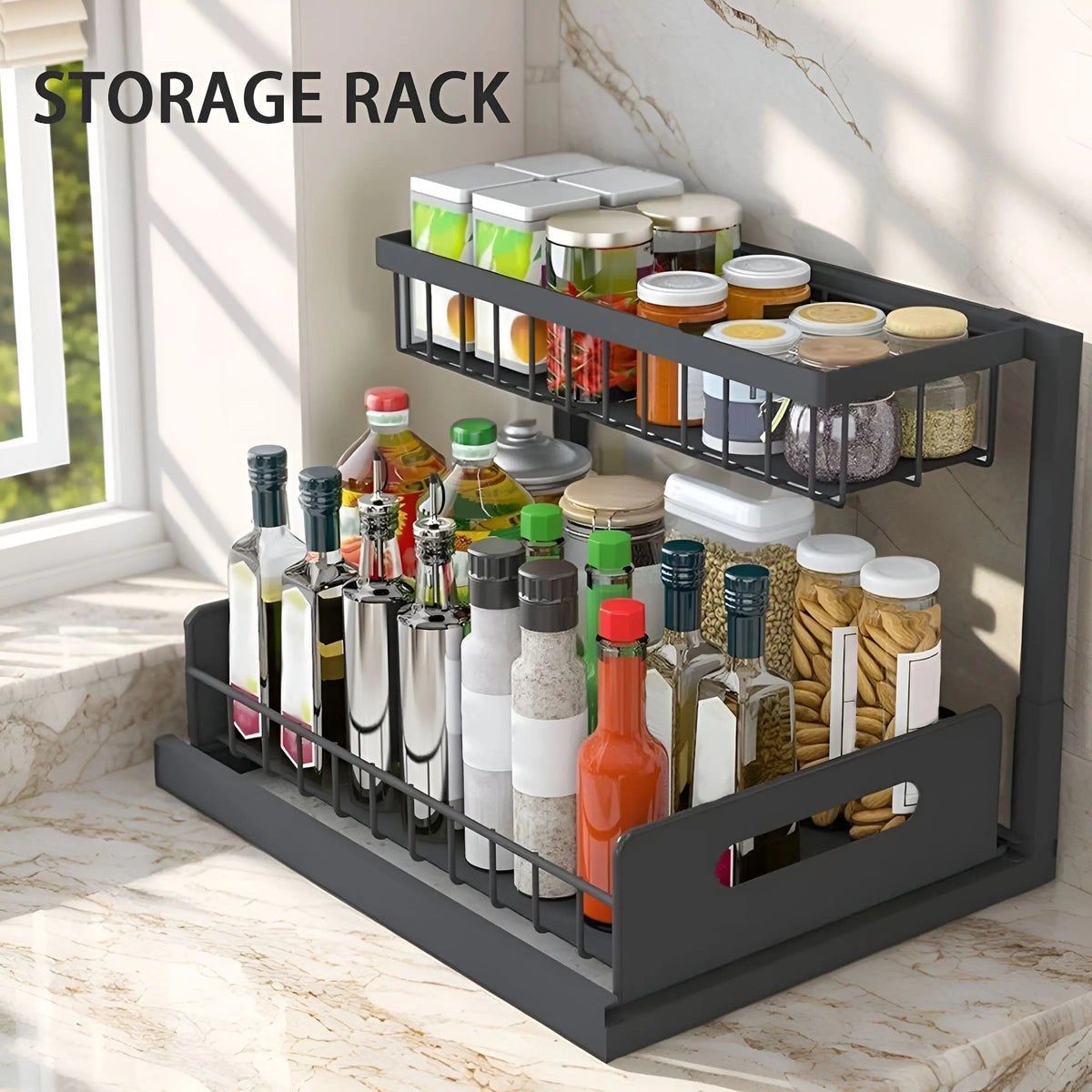 2-Tier Metal Frame Pull-Out Under Sink Organizer with Slide-Out Drawer Shelves, Pullout to Reach Storage for Bathroom Organizing Accessories, Kitchen Cabinet Solution