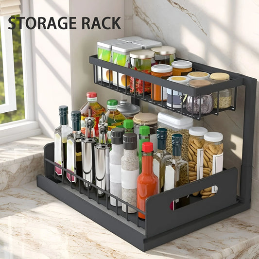 2-Tier Metal Frame Pull-Out Under Sink Organizer with Slide-Out Drawer Shelves, Pullout to Reach Storage for Bathroom Organizing Accessories, Kitchen Cabinet Solution