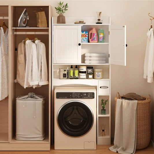 Gizoon Over-The-Toilet Storage Cabinet (32.3" W) - Bathroom Organizer, Small-Bath Fit Cabinet Furniture with Doors, Adjustable Shelves, Dry Tissue Box, 2 Side Hooks, Compact Space-Saving Design, Floor-Space Freeing White Bathroom Upgrade