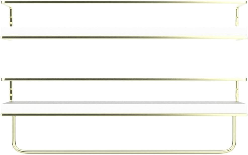 Shario White Floating Shelves - Set of 2, Wall Mounted Hanging Shelves with Golden Towel Rack, Decorative Storage Shelves for Bathroom, Kitchen, Living Room & Bedroom (White Gold, 15.7 Inches)