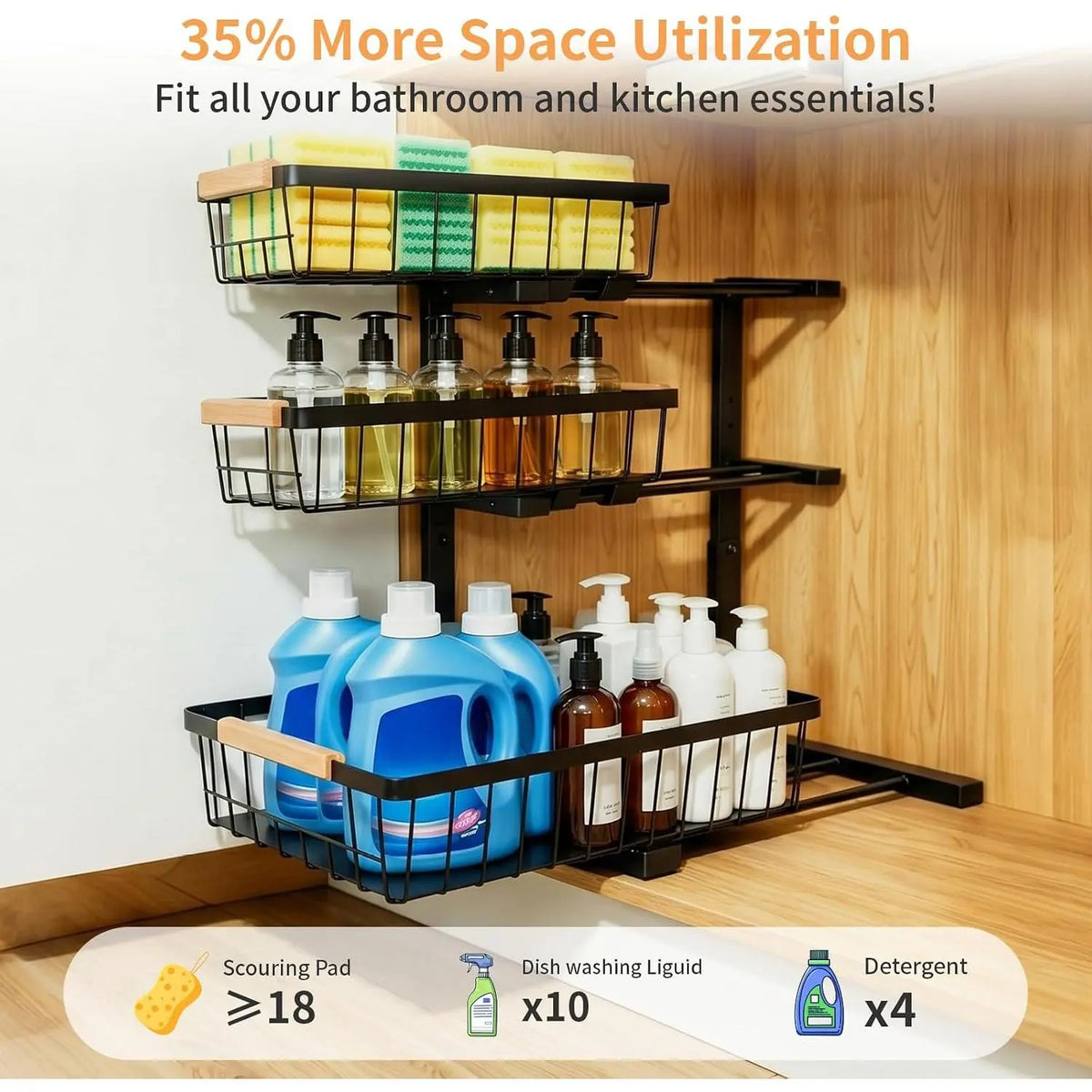 3 Tier Grid Pull Out Under Sink Organizer Black 1 Pack | Heavy duty grid pull out organizer with reinforced structure for storing cleaning supplies under sink and cabinet spaces