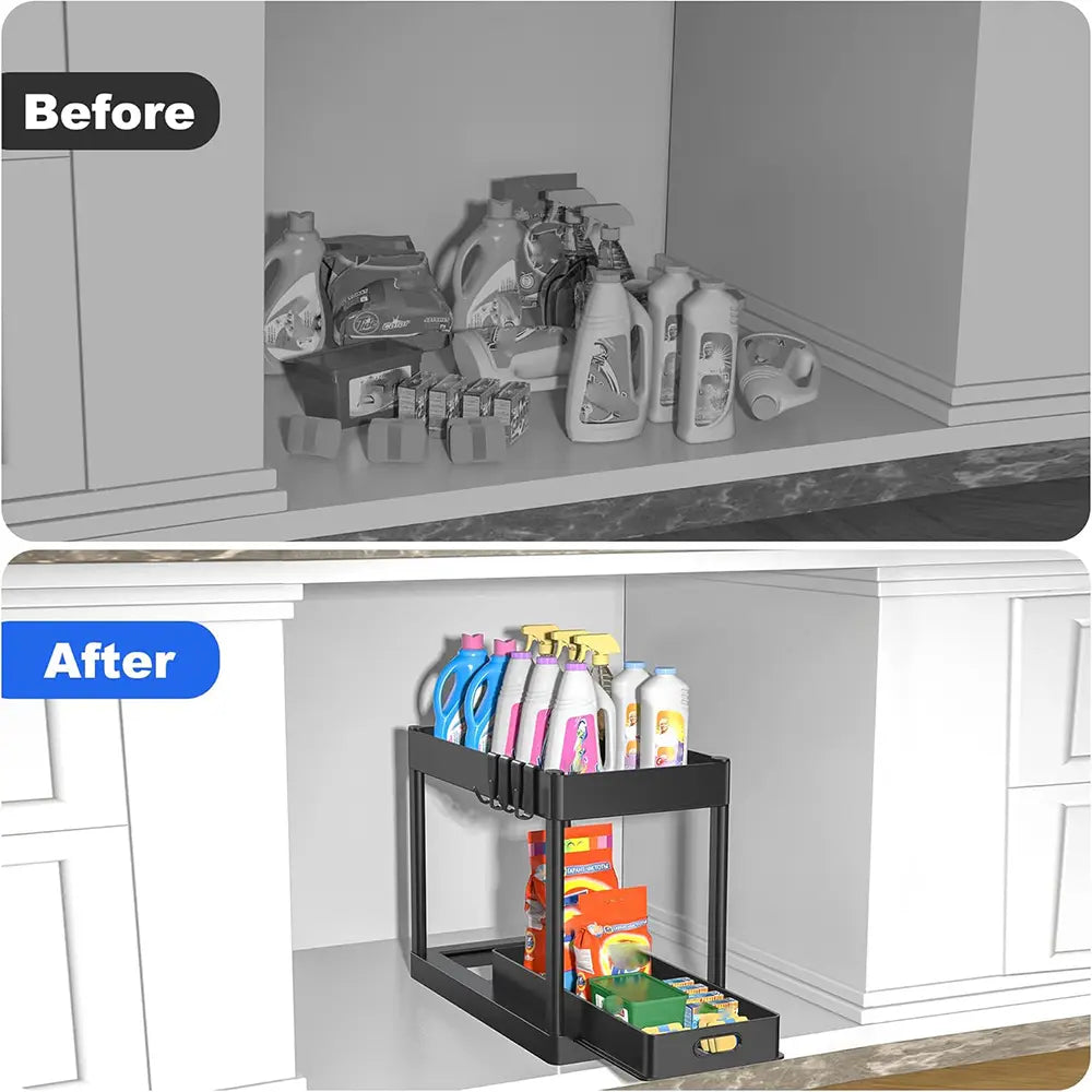 2Pack 2-Tier Under Sink Organizers with Sliding Drawers ,Multi-use Kitchen & Bathroom Storage, Black Cabinet Organizer, Space-saving Sliding Drawer Design