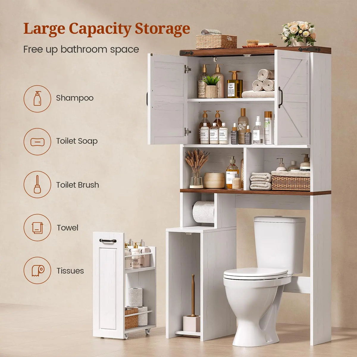 Over The Toilet Storage Cabinet with Pulley, Bathroom Storage Cabine with Adjustable Shelf and Open Shelf, Space-Saving Farmhouse Toilet Rack for Bathroom, Restroom, Laundry, White Brown