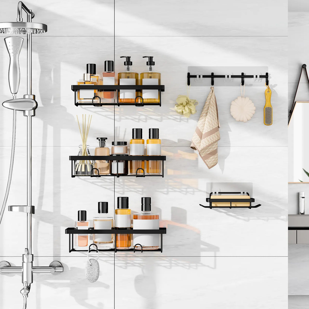 YASONIC  Shower Caddy, 2/5/6 Pack Black bathroom accessories, wall organizer, No Drill Bathroom Shower Organizers With Removable Hooks, Rust Proof Shower Shelves For Inside Shower, free wall mountshower organizer summerwins,home essentials,sohochic