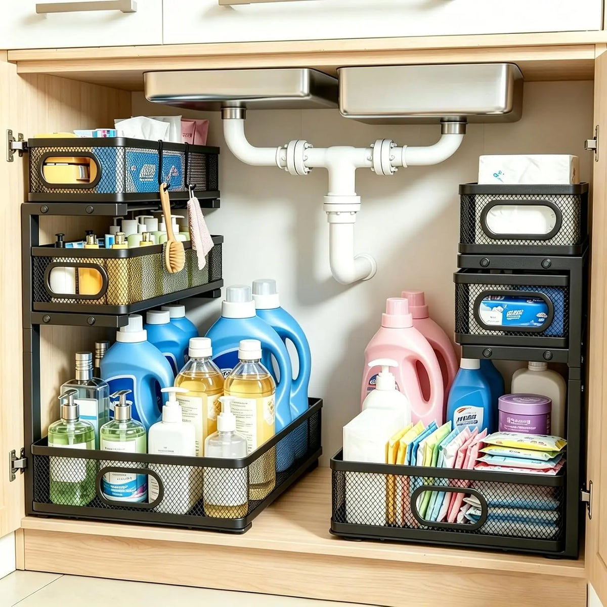 3 Tier Grid Pull Out Under Sink Organizer Black 1 Pack | Heavy duty grid pull out organizer with reinforced structure for storing cleaning supplies under sink and cabinet spaces