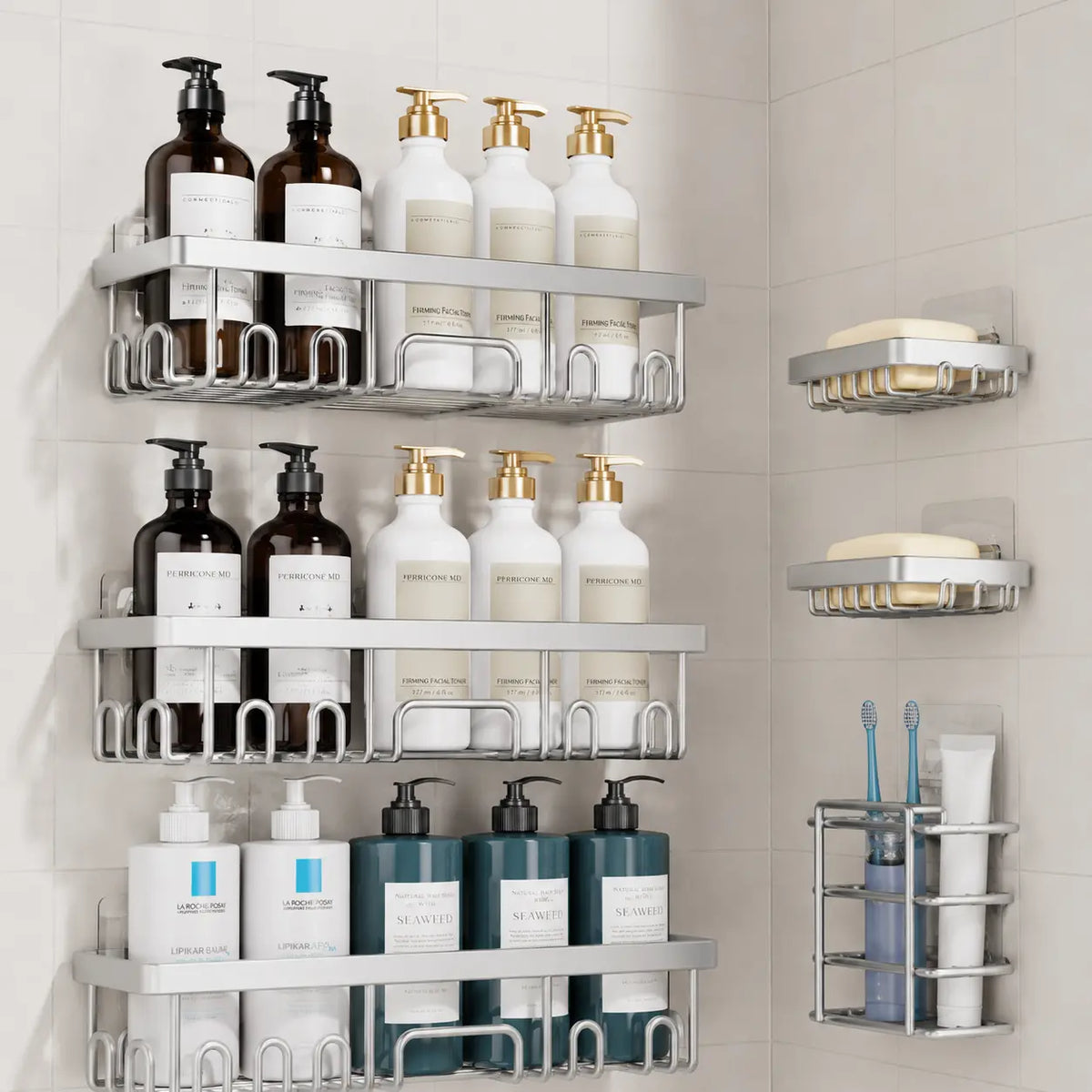 【Veken】 3/6-Pack Life-Changing Rustproof Shower Caddy, Effortless No-Drill Wall Shelves with Soap Holder, End Bathroom Clutter for Good, Multi-use Kitchen & Home Storage