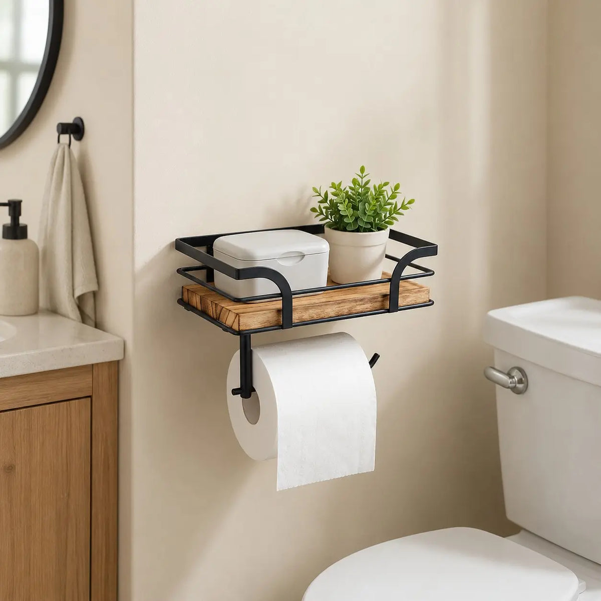 1 Pc Wooden & Black Metal Wall-Mounted Bathroom Shelf, Modern Bathroom Accessory, Bathroom Organizer with Toilet Paper Holder, Compact Storage for Towels, Toiletries and Decorations, Home Supplies