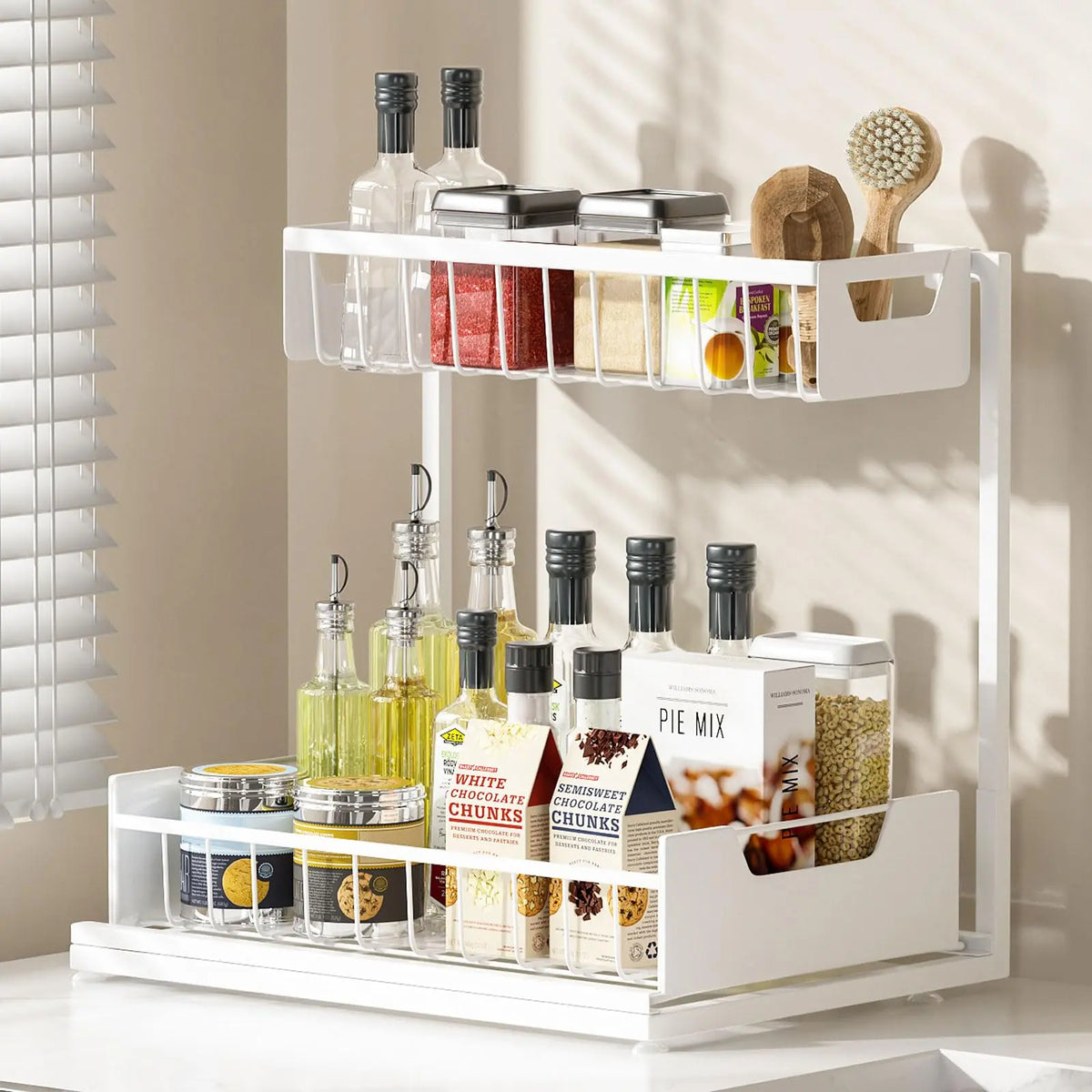 2-Tier L-Shape Steel Pull Out Under Sink Organizer - Anti-Rust, Stable, Tool-Free Slide Out Drawer, 14.2*10.6*11 in, 50 lbs Capacity - For Kitchen Cabinets, Spice Storage, Laundry Room, Bathroom Storage - Ideal Gift for Mothers