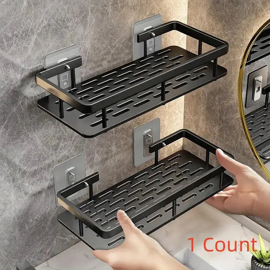 Wall Mounted Bathroom Shelf, 1 Count Aluminum Wall Mounted Storage Rack, Modern Bathroom Storage Rack, Kitchen Storage Rack, Home Organizer, Bathroom Organization, Bathroom Organizing Accessories, Bathroom Organizer Supplies