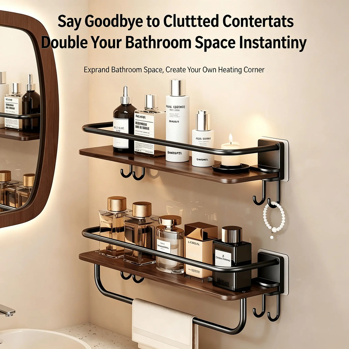 Wall-Mounted Bathroom Shelf, No-Drill Wood Grain Storage Rack, with Hooks for Towels and Toiletries, Space-Saving Organizer