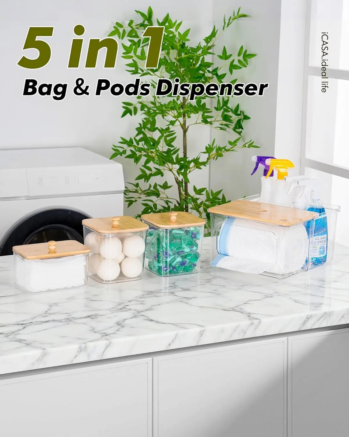 iCASA Trash Bag Dispenser Dishwasher Pod Holder - 5 in 1 Plastic Garbage Bag Under Sink Organizer, Acrylic Dryer Sheet Balls Laundry Pods Container with Bamboo Lid, Pantry Organizers and Storage Box