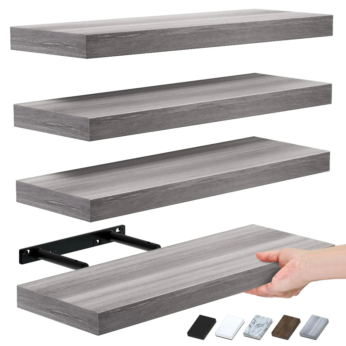 Walnut Rectangular Floating Shelves, 4-Piece Rustic Wood Wall Shelves (15.75"L×5.7"W×1.2"H) with Simple Install, 20lbs Capacity for Plant, Aesthetic Home Decor, Bathroom, Bedroom Storage/Books, Shelf